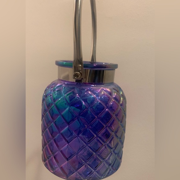 Blue Opalescent Patterned Glass Lantern/Vase W Silver Metal Band & Handle 6.5” - Picture 11 of 13